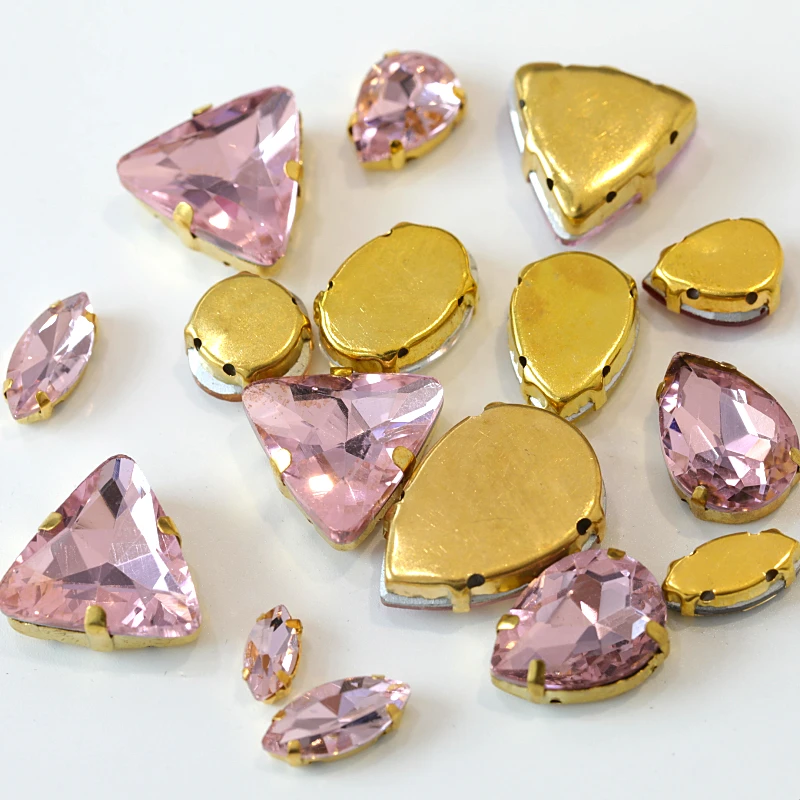 Пришивные стразы с золотыми лапами пришивные разных форм из хрустального стекла