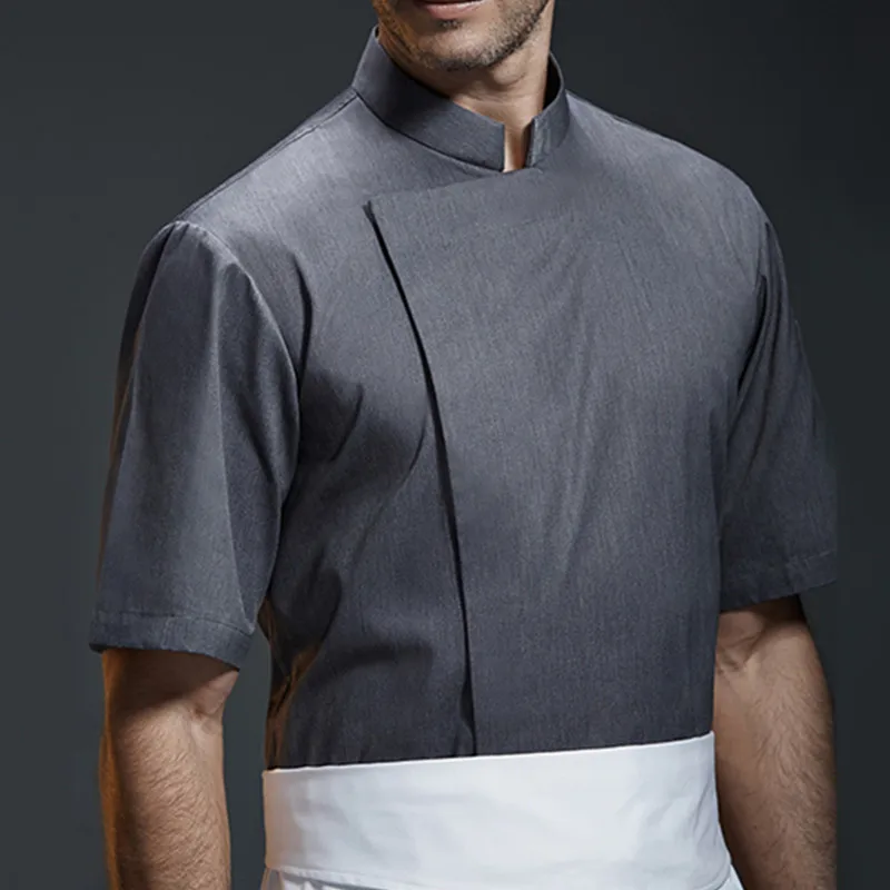 

Black White Gray Short Sleeve Shirt Barista Hotel Restaurant Kitchen Chef Uniform Summer Bistro Baker Bar Catering Work Wear B89