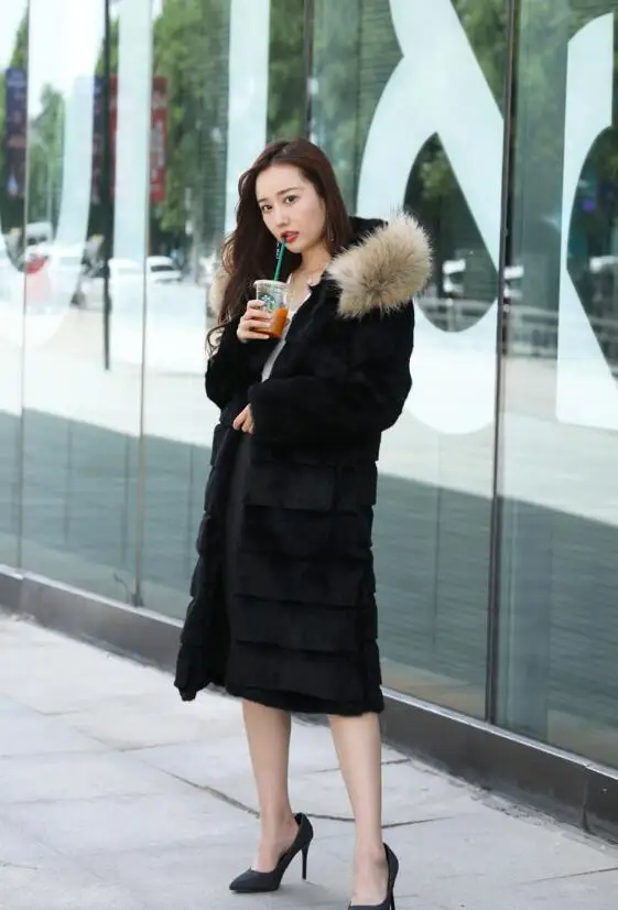 Hooded Women Full Skin Vintage Warm Winter Genuine Natural Rabbit Fur Overcoat with big Hood and Real Raccoon Collar wsr342 | Женская