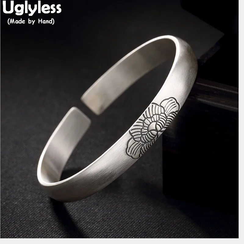 

Uglyless 100% Real Solid 990 Pure Silver Handmade Wide Bangles for Women Ethnic Lotus Flower Open Bangle Thai Silver Fine Jewel