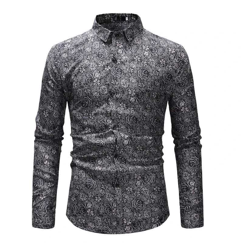 Fashion Men Personality Dark Floral Print Shirts Men's Casual Cotton Lapel Long-sleeved Slim for Male Spring Autumn | Мужская одежда