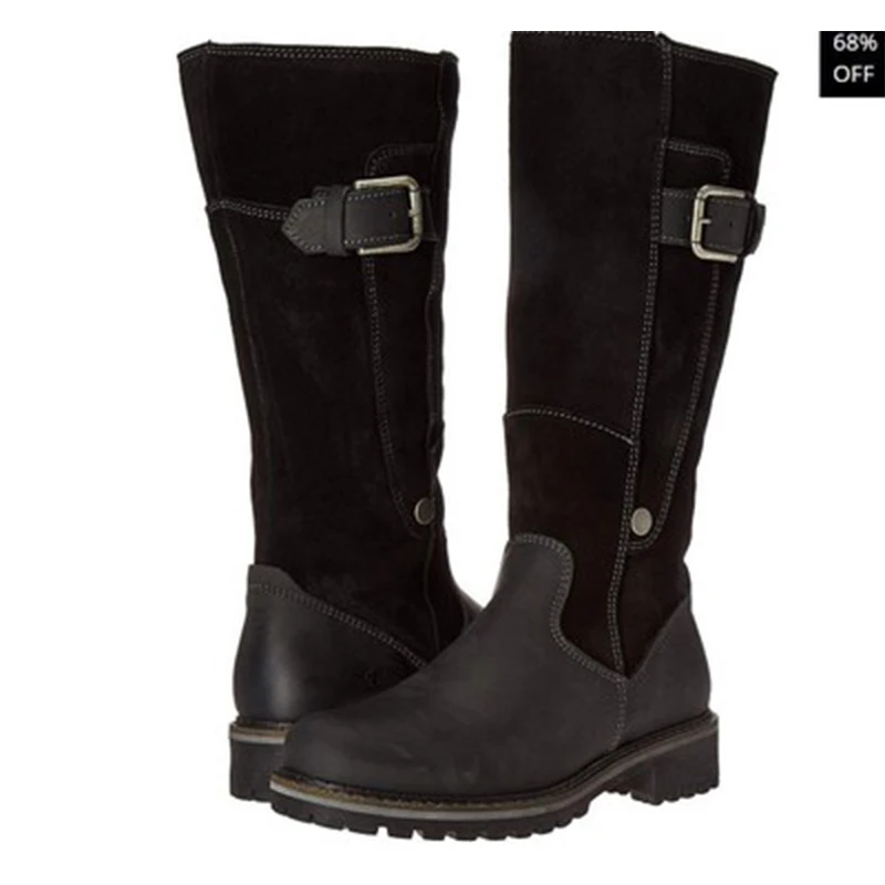 Plus Size 35-43 Winter Women Knee-High Boots Round Toe Buckle Decor 3CM Heels Female Shoes Fur Plush Insole Martin | Обувь