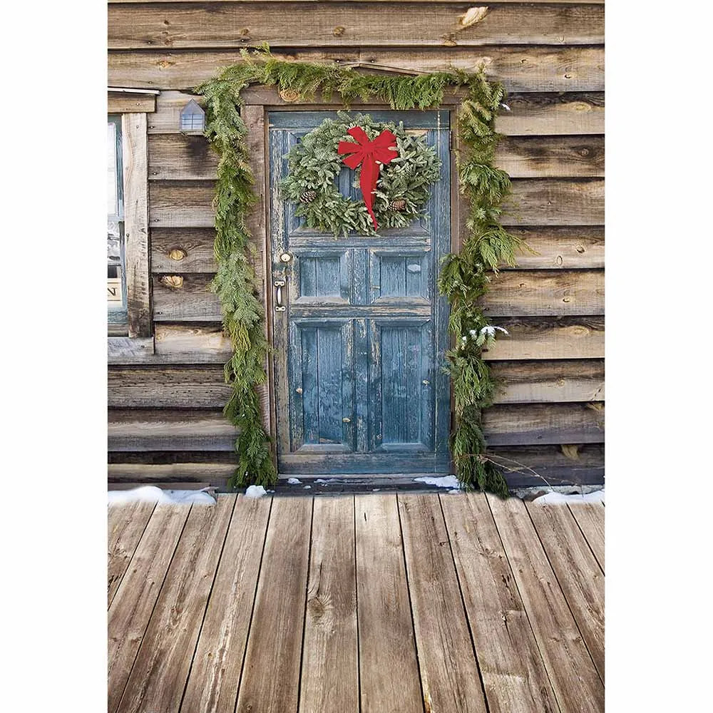 Allenjoy Christmas backdrop photography wreath door cabin winter countryside rural decoration for home photo studio background |
