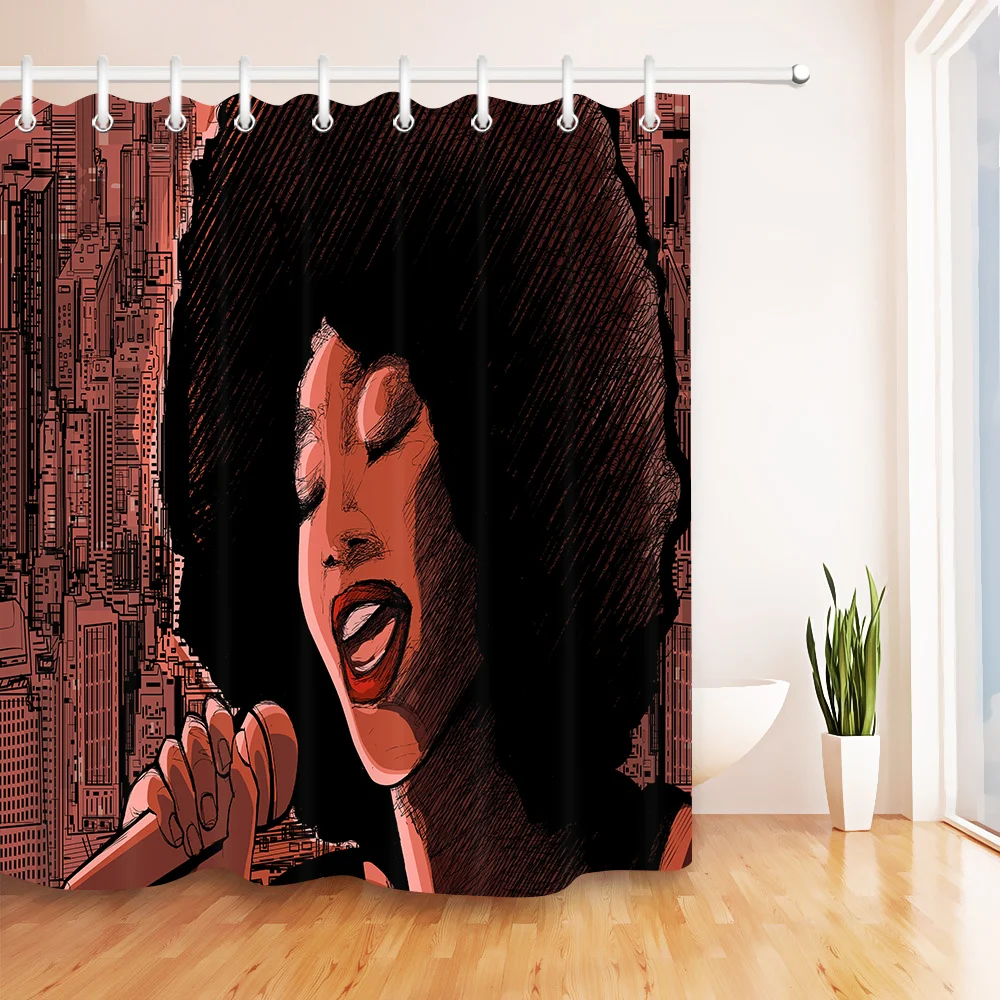LB High Quality Waterproof Polyester Shower Curtains Shy Cute Long-haired African Girl Wearing a Pink Wrap Dress for Bath Tub | Дом и сад