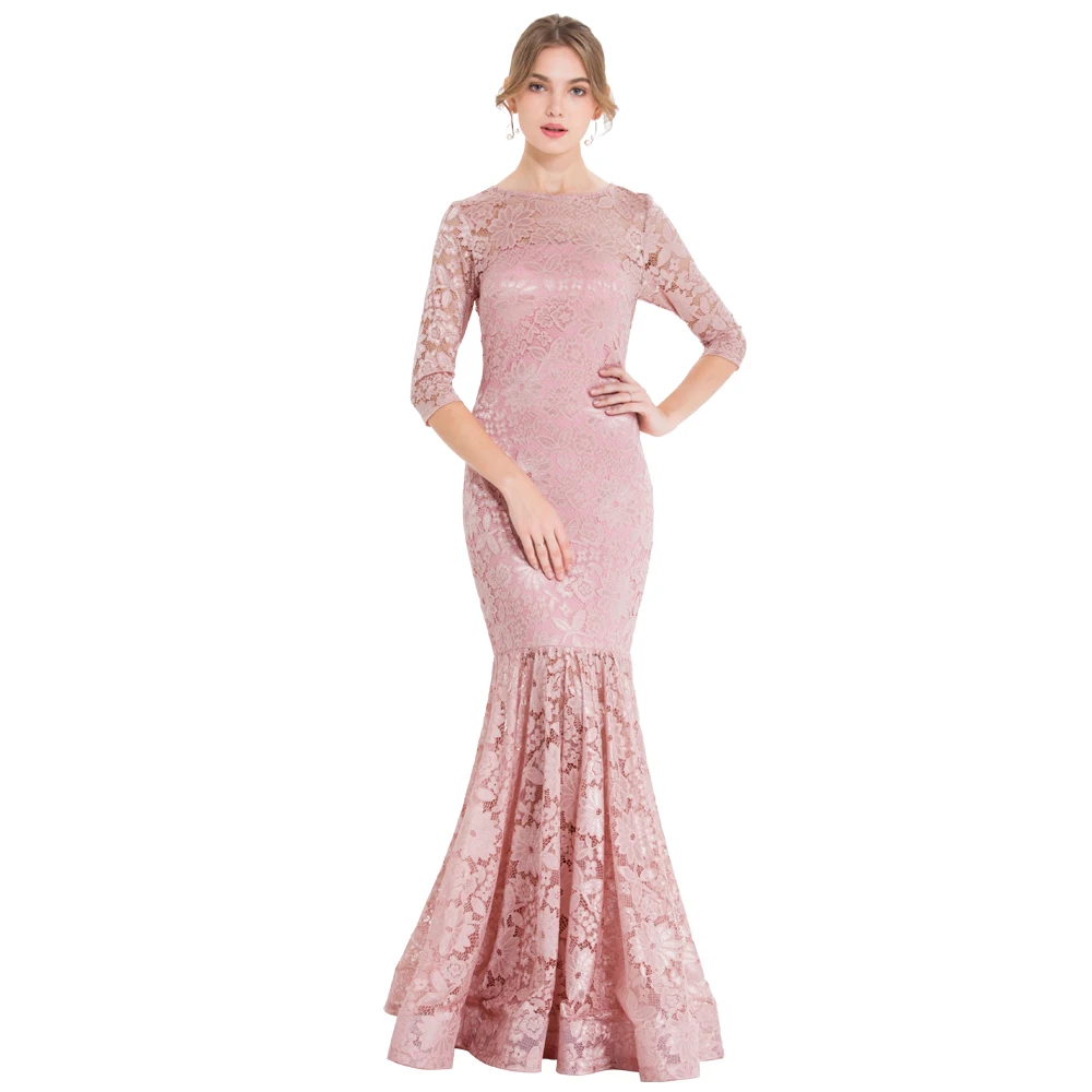 

Angel-fashions Women's Sheer Half Sleeve Evening Dresses Formal Lace Party Dresses Pink vestido de fiesta de boda 416
