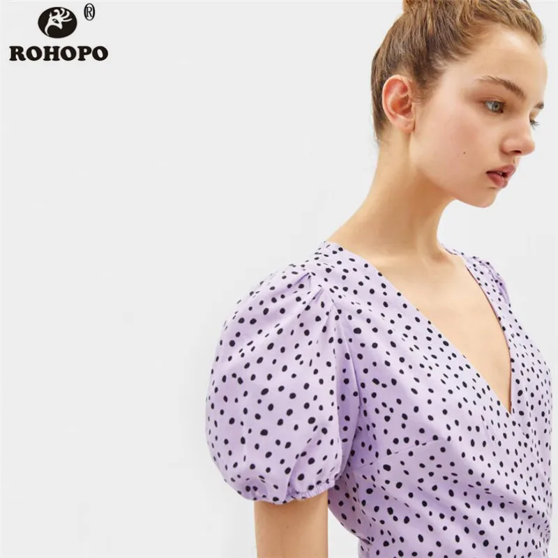 ROHOPO женское фиолетовое мини платье в горошек с поясом милое праздничное