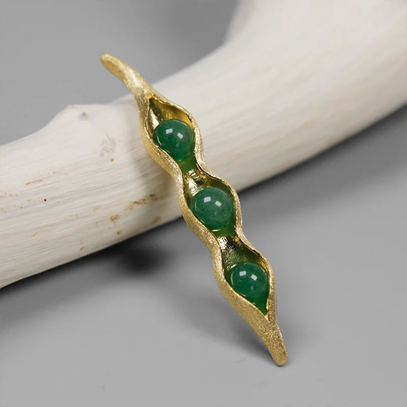 Золотой Lotus Fun реальные 925 серебро ручной работы Fine Jewelry натуральный зеленый камни Творческий Стручки гороха Дизайн броши для Для женщин - Цвет камня: Золотой
