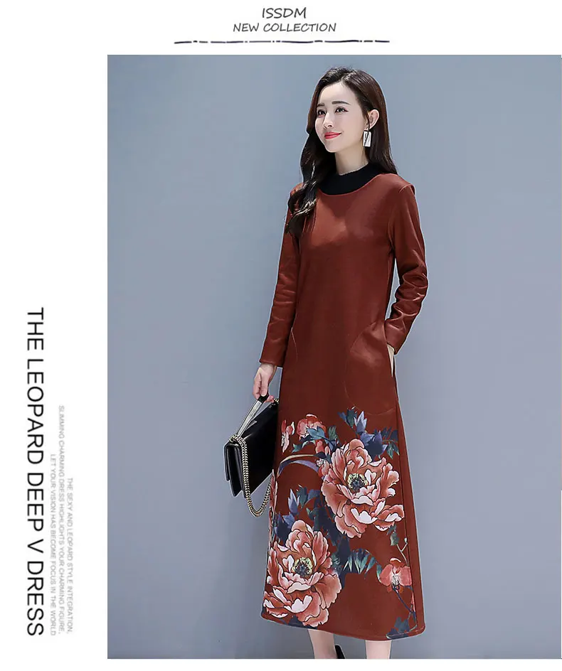 Retro chinese style print dress 2018 winter new plus velvet thickening temperament women fashion warm size M~4XL | Женская одежда