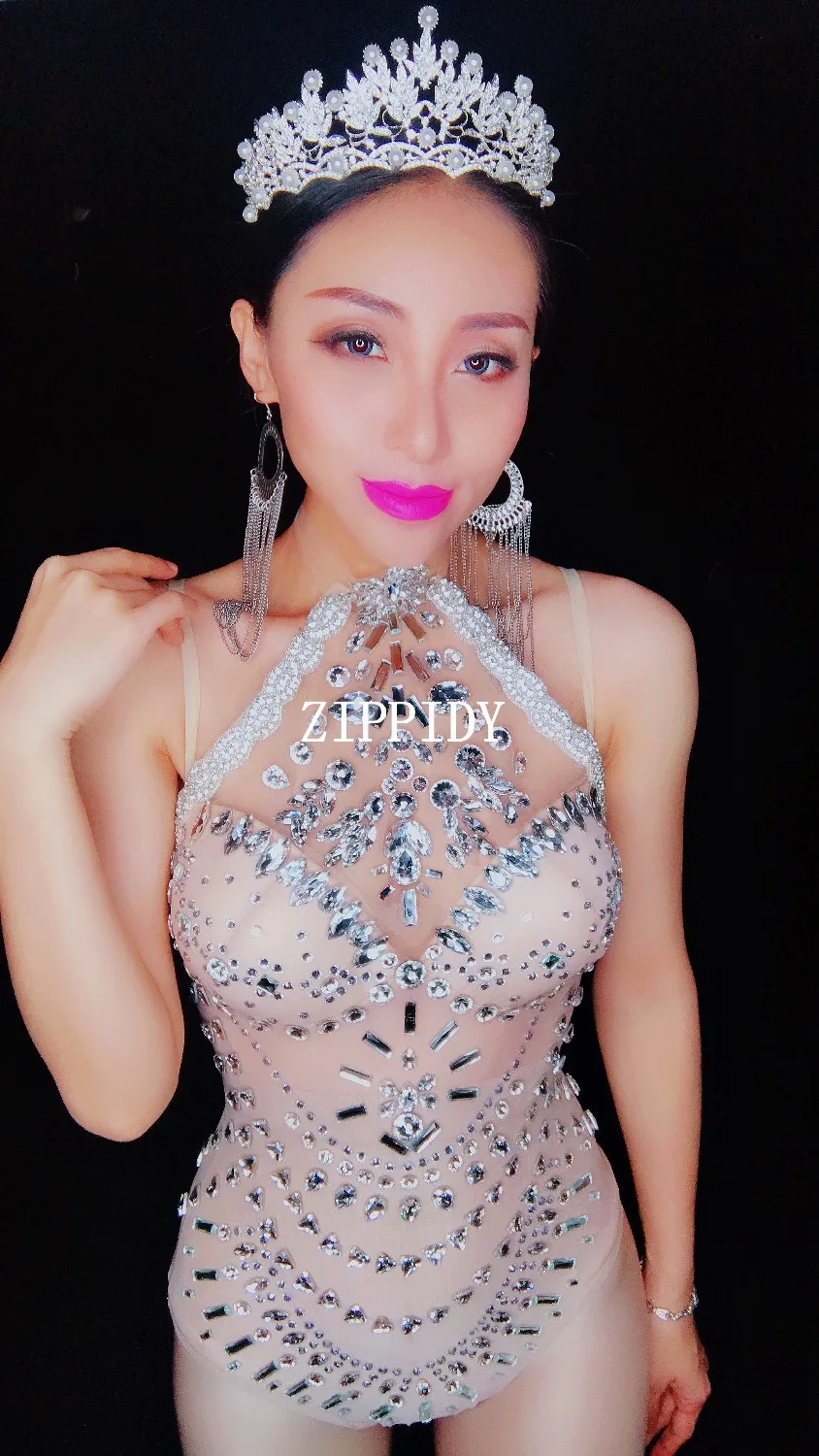 Silver Sparkly Rhinestones Mesh Leotard Glass Stones Perspective Bodysuit Performance Celebrate Dance Costume Clothing | Тематическая