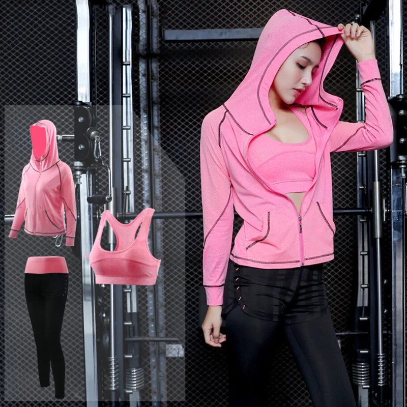 

Newest women yoga 5PCS set hooded coats+t shirt+bra+mesh shorts+pants quick dry outdoor sports running fitness gym wear clothing