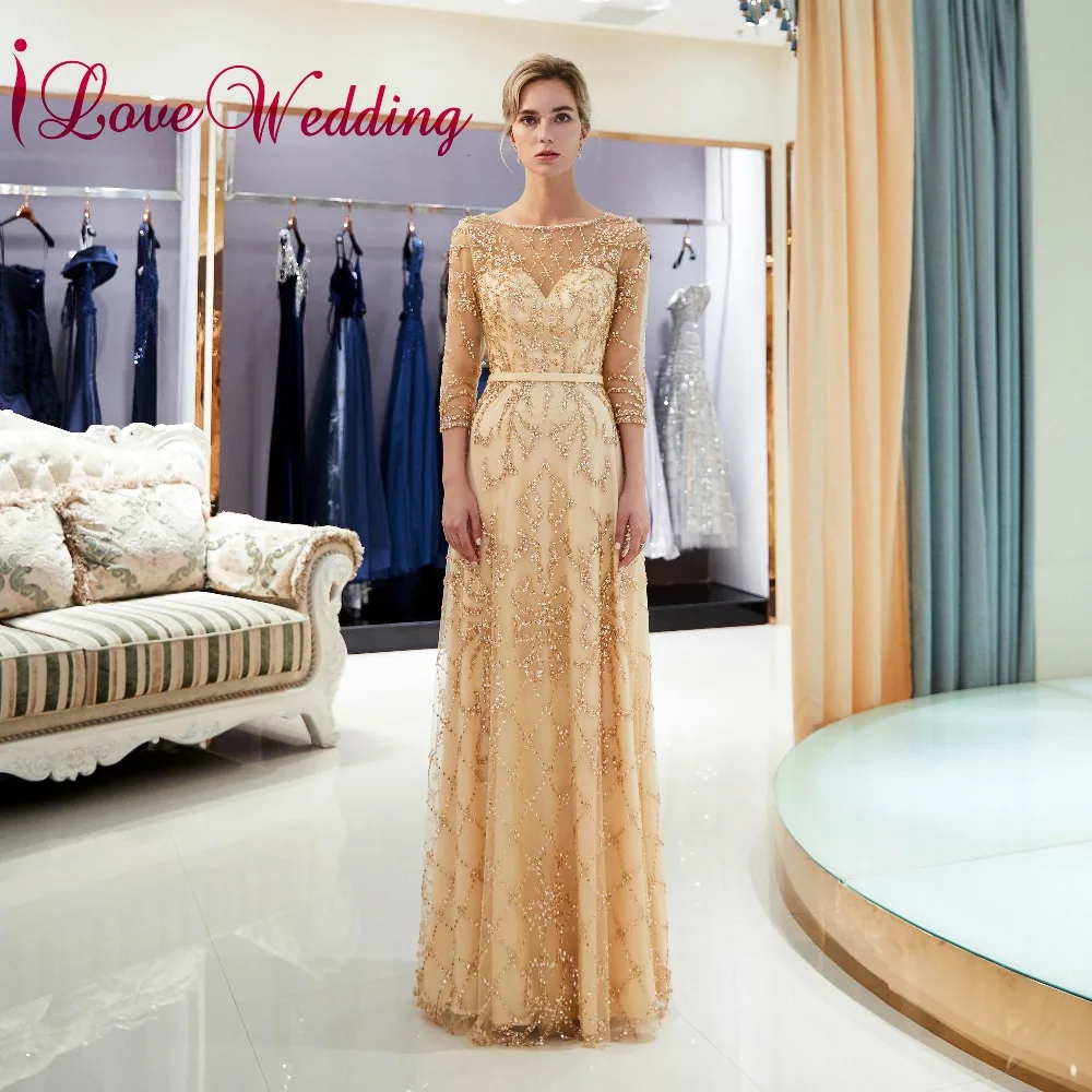 Вечерние трапециевидные платья цвета шампанского ilovebridal с длинными рукавами 3/4
