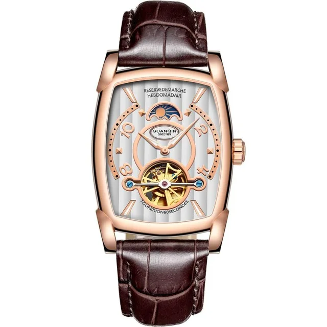 gold white GUANQIN мужские часы прямоугольные роскошные Турбийон мужские механические часы 3 бар Водонепроницаемые кожаные автоматические часы мужские часы - Цвет: gold white