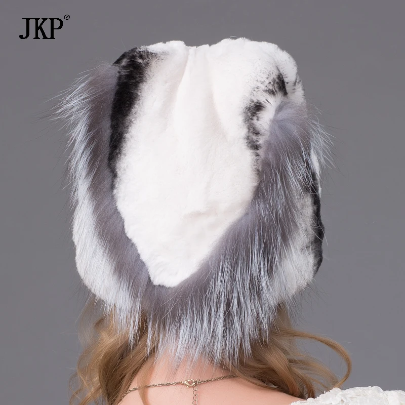 Шапка из натурального меха норки с ушками кролика теплая шерстяная вязаная шапка