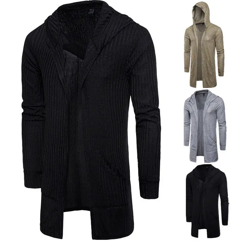 

Spring Autumn Men Fashion Long Sleeve hooded Shawl Coat Jacket Long line Coat Knitted Cardigan Top