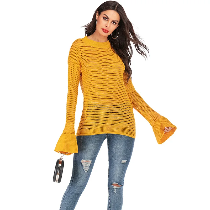 Suvance 2019 осенний Повседневный вязаный свитер с О-образным вырезом и расклешенными