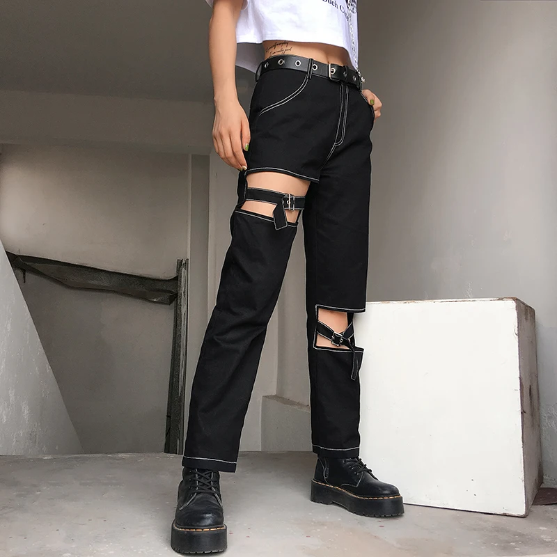 Sweetown Black Hollow Out Punk Style Straight Pants Women Streetwear Pockets Striped Summer Autumn High Waist Trousers Gothic