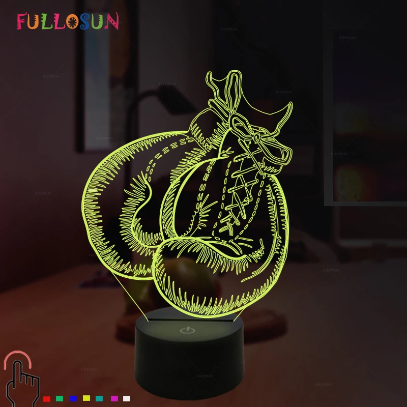 Ночник LED 3D иллюзия Лампа боксерская Золотая Модель USB Сенсорная лампа 7 цветов