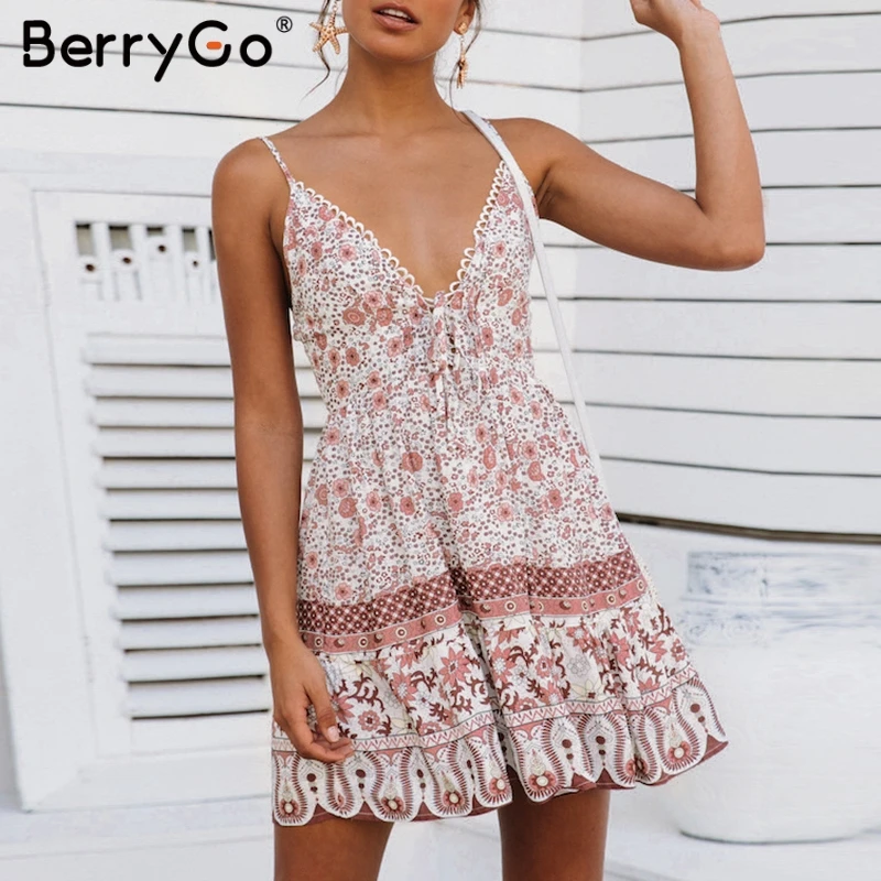BerryGo Boho платья с v-образным вырезом и принтом женские Мини Летнее платье на
