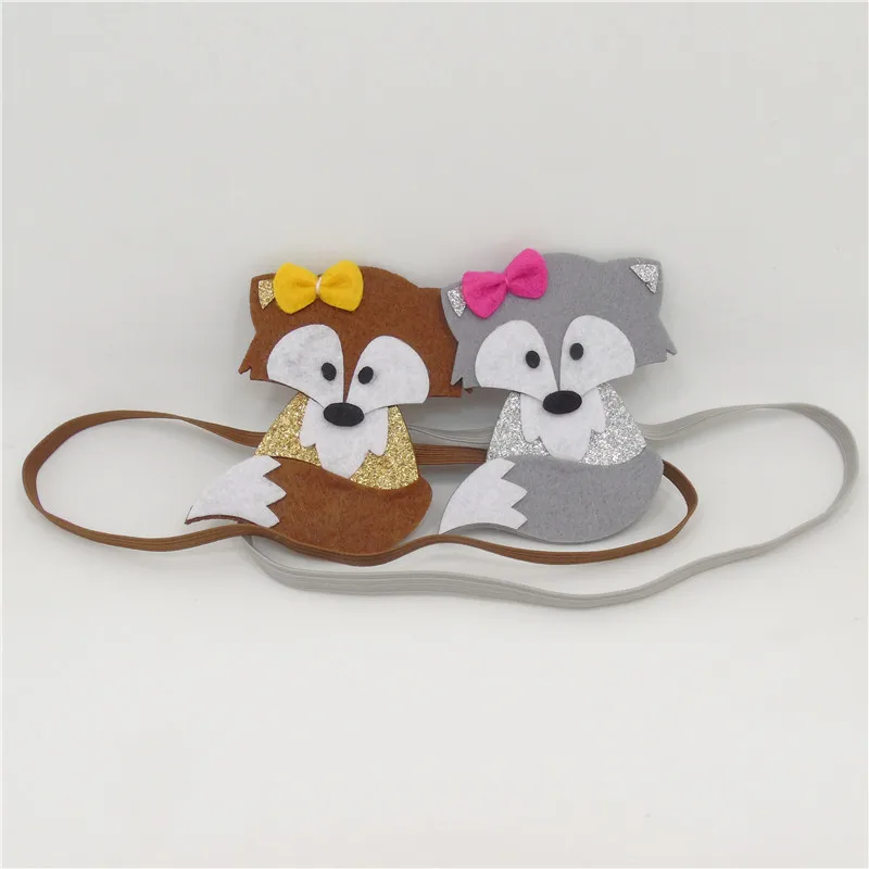 20pcs/lot Woodland Glitter Felt Fox Headband Fall Theme Party Favor Little Girl Brown Grey Shinny Cute Elastic Band | Детская одежда и
