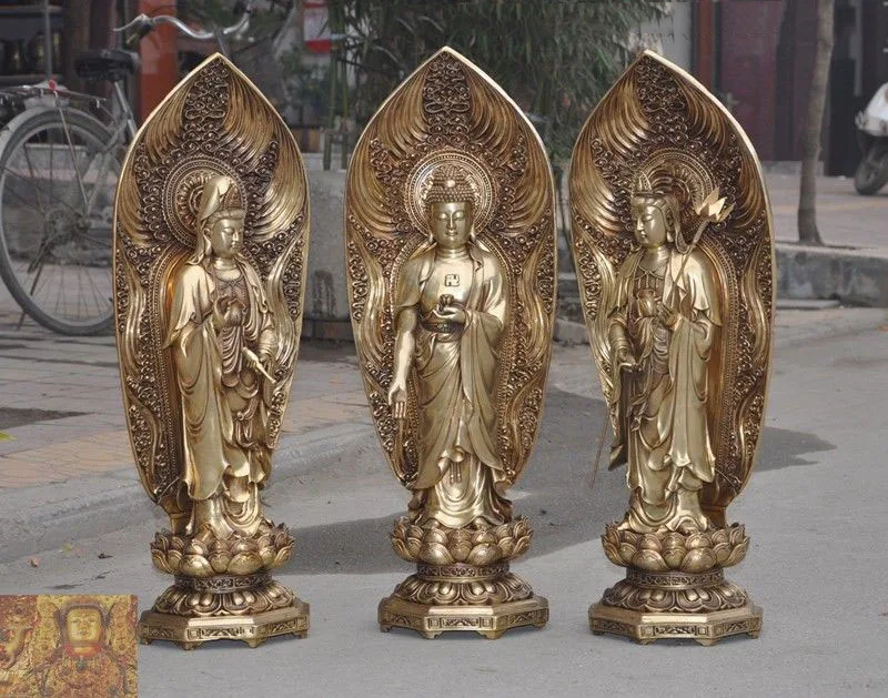 Рождество Тибет буддизм медный Shakyamuni Kwan Yin Гуаньинь 3 Бог Будда статуя Набор Новый