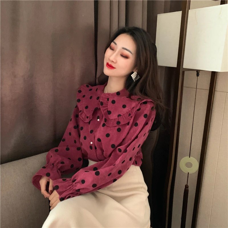 Lychee Girls Dot Print Ruffles Women Sweet Blouses Peter Pan Collar Long Flare Sleeve Female Shirts Autumn Winter Vintage Blouse | Женская