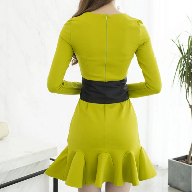2017 New Arrival Winter Women's Clothes O-Neck Solid Knitting Slim Sexy Brand Ruffles Brief Female Elegant Belt Dress S-L | Женская
