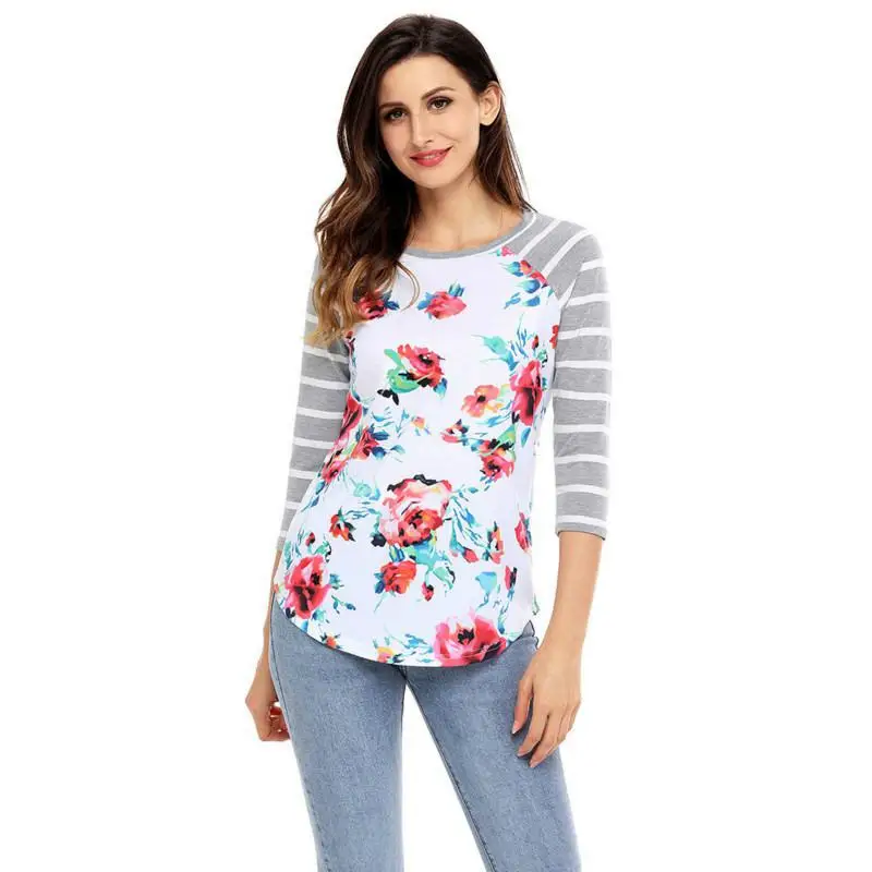 Женская тонкая приталенная рубашка NFIVE сезон весна-осень полосатая с цветочным