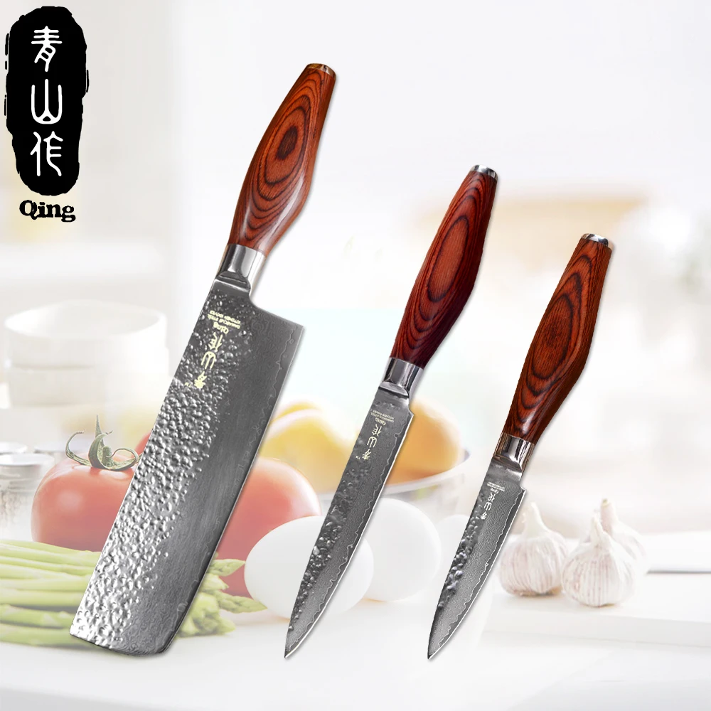 QING 3 шт. набор дамасских кухонных ножей 5 &quotФрукты 5&quot Утилита 7 &quotрубящий нож