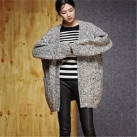 100 hand made wool knit women fashion solid patchwork vneck loose thick cardigan sweater lantern sleeve customized