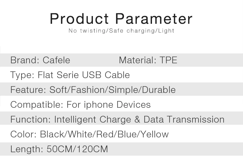 CAFELE плоский USB кабель для зарядки для iphone X 8 7 6S 6 Plus 5S кабель для синхронизации данных для IOS 11 10 9 прочный без скручивания
