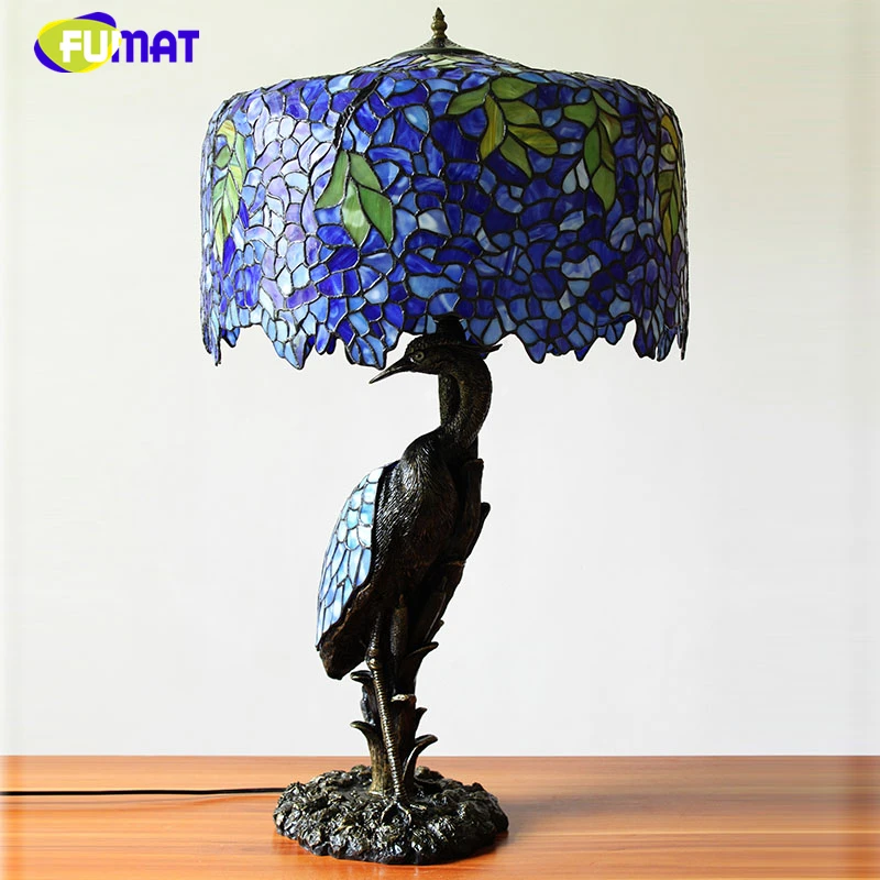 FUMAT Tiffany Quality Living Room European Stained Glass Wisteria Table Lamp Crane Bird Resin Stand Luxury Lamps | Лампы и освещение