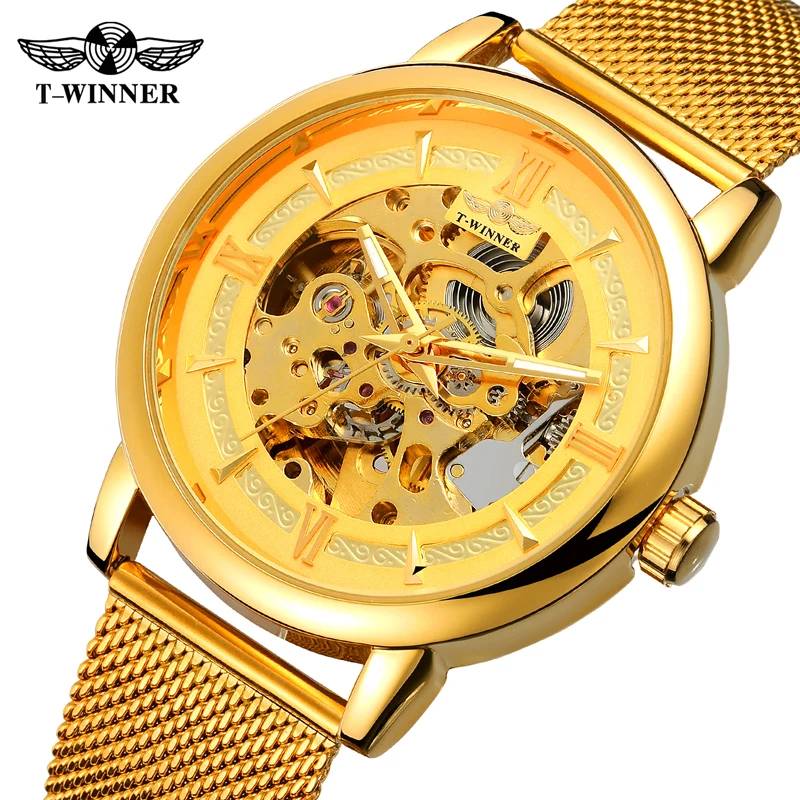 

Top Winner Men Blue Automatic Wind Mechanical Skeleton Luminous Hands Gold Stainless Steel Mesh Business Watches Montre Homme