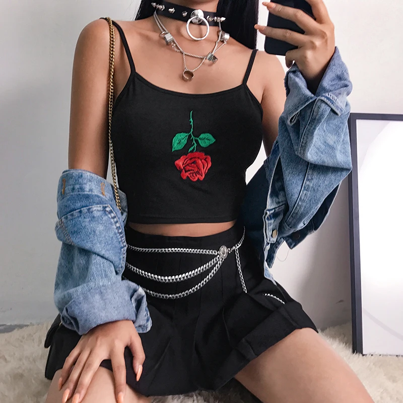Sweetown, модный, сексуальный, на тонких бретельках, милый женский короткий топ, Verano,, Mujer, черный, с цветочной вышивкой, укороченные, женские летние топы