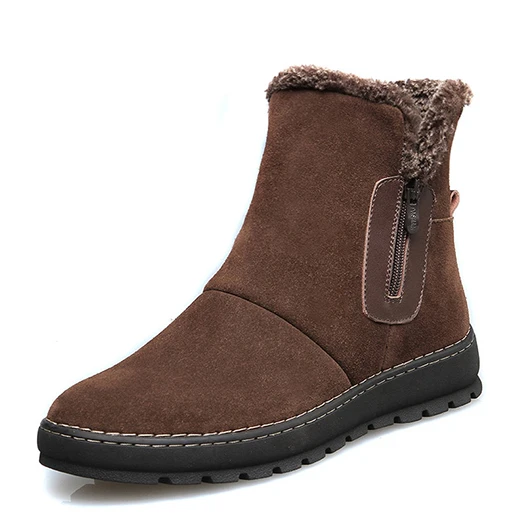 Коричневый Британский стиль короткие меховой подкладке Snowboot замша обувь ботильоны искусственный мех черный высокий верх молния батильоны зимние сапоги мужские теплые плоские мужская удобные мода удобная высокие сверху - Цвет: Коричневый