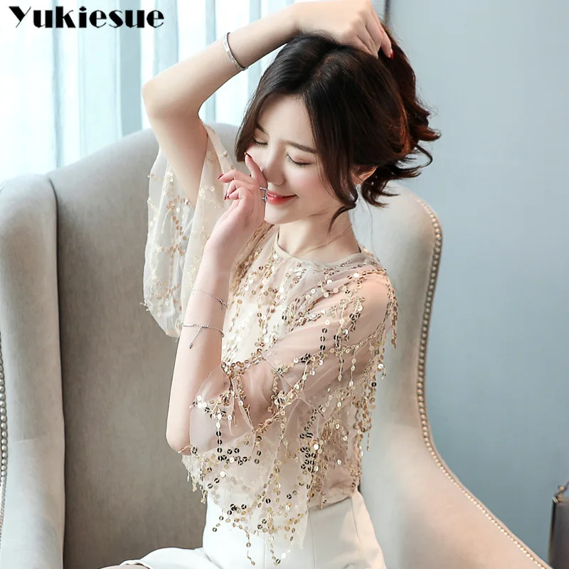 Женская шифоновая блузка с блестками элегантный топ коротким рукавом женская