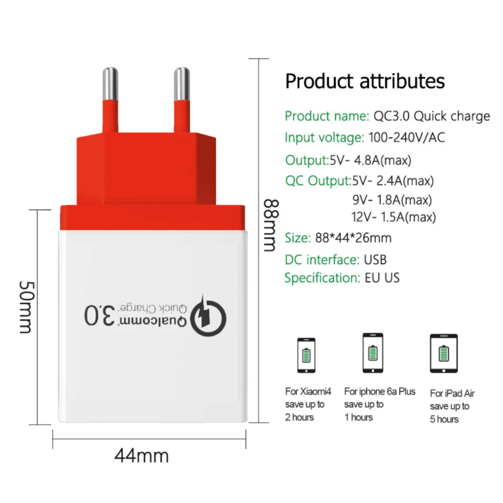 Универсальный QC3.0 18 Вт USB быстрая зарядка 3 0 в 3A для Iphone 5 7 8 US EU штепсельная Вилка