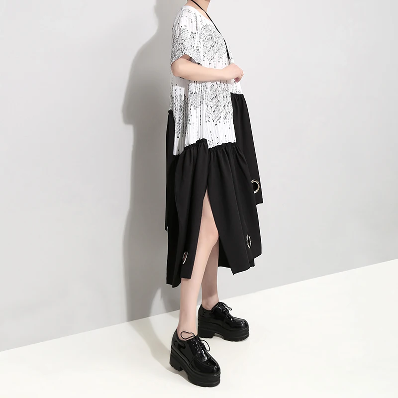 New 2019 Summer Women Black Patchwork Dress Metal Holes Open Hem O Neck Ladies Casual Loose Style Tshirt Robe Femme 4986 | Женская