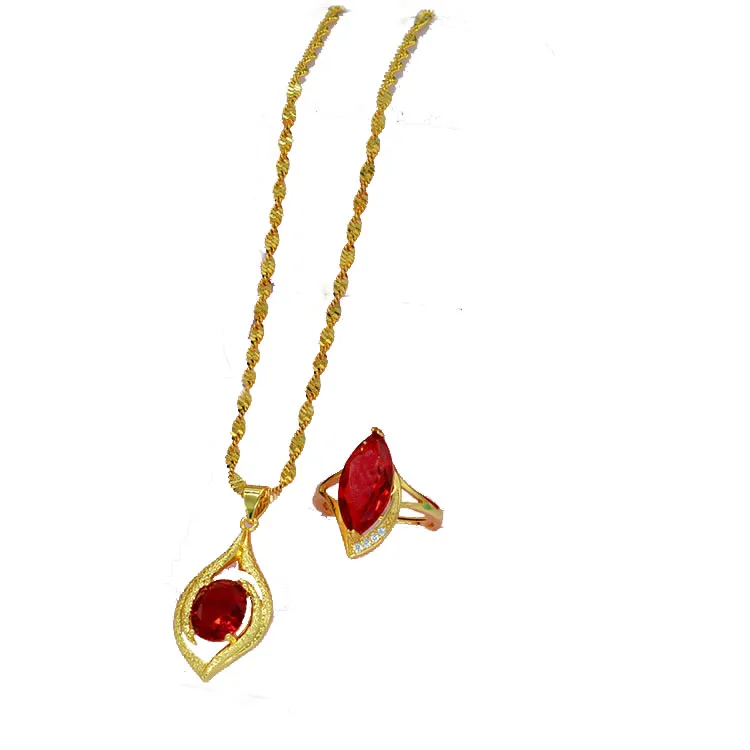 Teardrop Shape Necklace Rings Set for Women Yellow Gold Filled Red Crystal Zircon Pendant Choker + Opening Ring | Украшения и