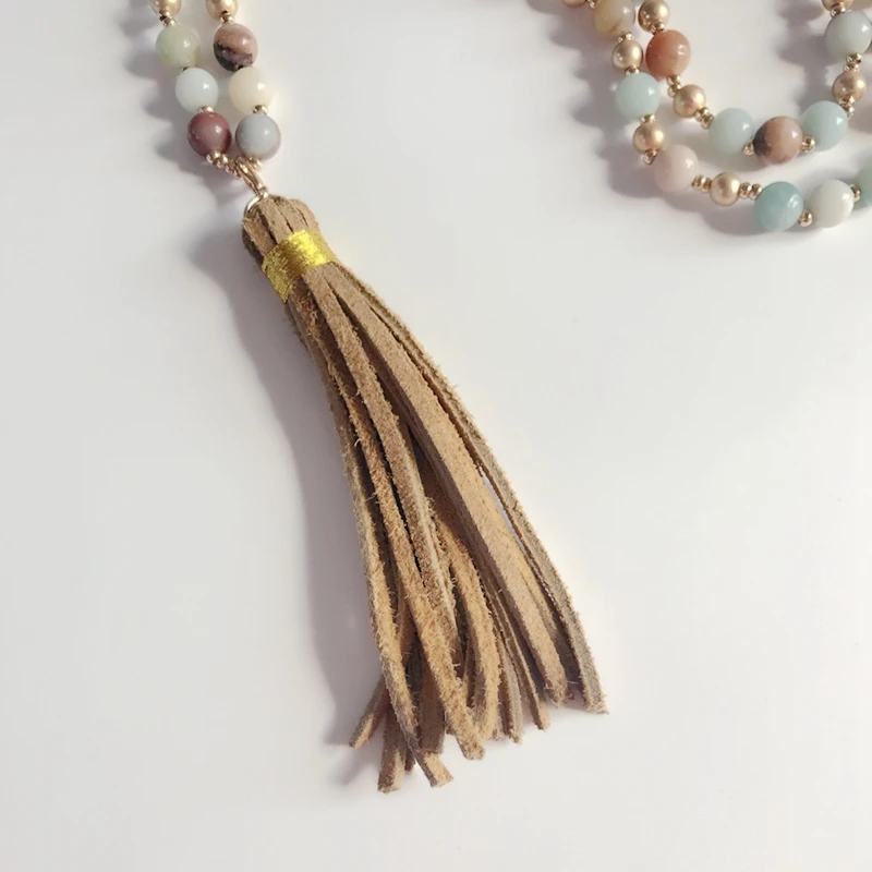 Модное коричневое ожерелье с подвеской из натурального камня и искусственной