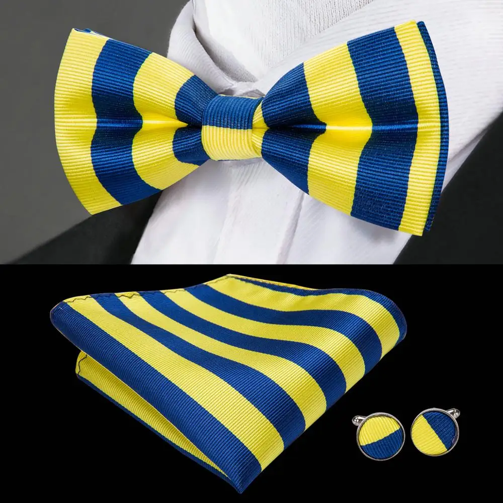 

LF-713 Barry.Wang Men`s Silk Bowtie Cravat Jacquard Woven Yellow Butterfly Hanky Cufflink Sets For Mens Wedding Business Party