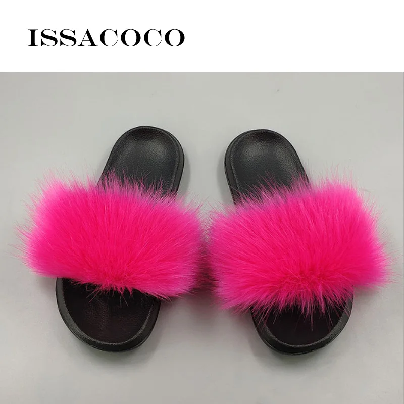 Rose red ISSACOCO/женские шлепанцы из натурального Лисьего меха; женские нескользящие пушистые меховые тапочки; женские пушистые тапочки; милые плюшевые тапочки с лисьим мехом - Цвет: Rose red