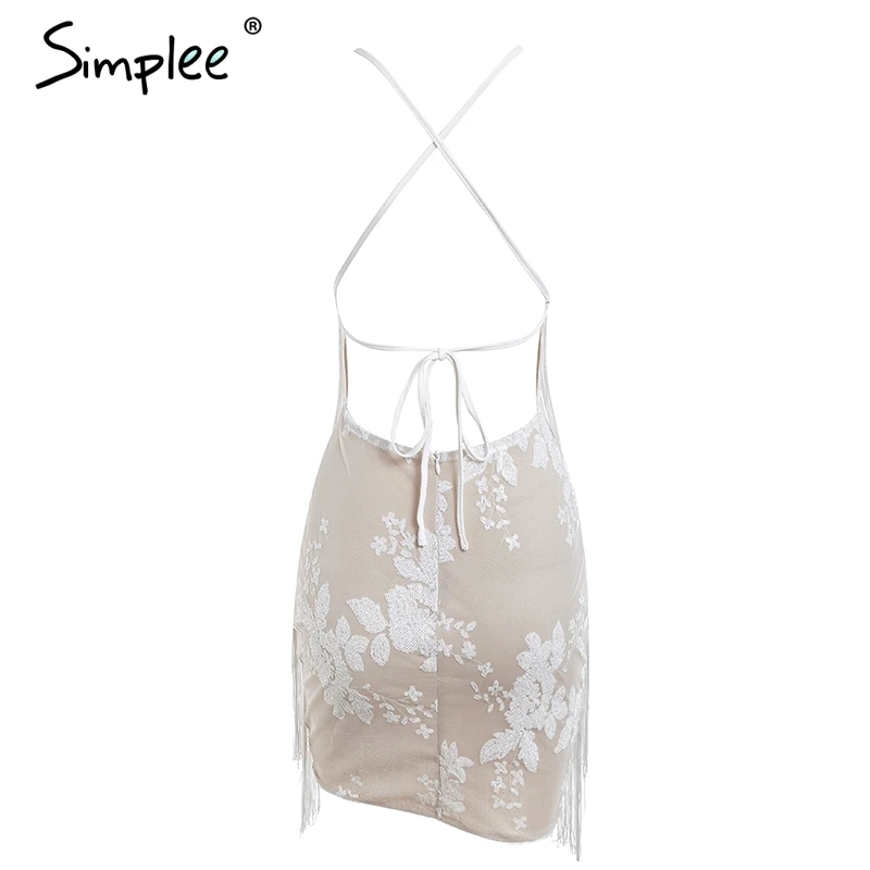 Simplee открытая спина завязывается кисточкой сетки блесток сексуальное платье