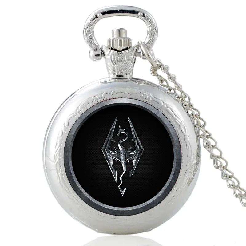 Винтажные бронзовые часы The Elder Scrolls V Skyrim, кварцевые карманные часы, классические мужские и женские часы с ожерельем - Цвет: P607-Silver