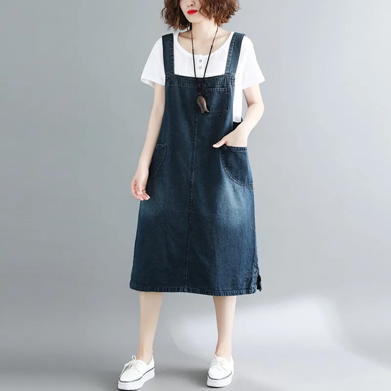 Casual Sleeveless Strap Jeans Dress Women Front Pocket Slit Literary Vintage Plus Size Suspender Denim Sundress Overalls Dresses | Женская