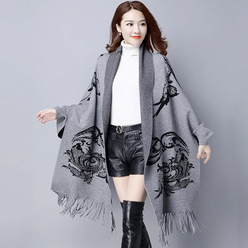 Women's Elegant Loose Tassel Bat Sleeve Autumn Winter Cashmere Knitted Cardigan Sweater Scarf Cape Outwear |