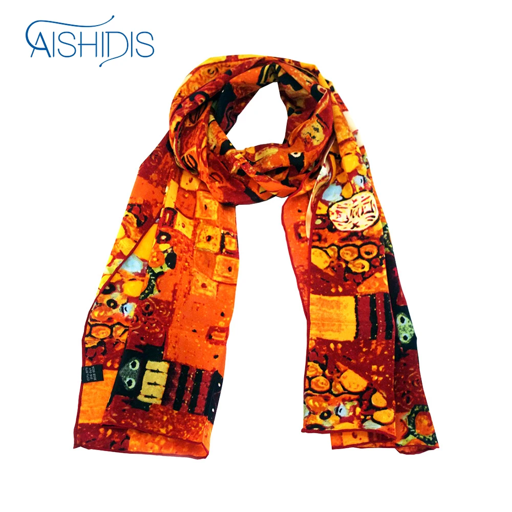 Женский 100% длинный шелковый шарф Художественная печать край закручен вручную