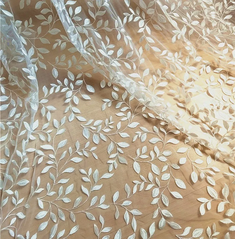 

Thick Embroidery Leaves Style Lace Fabric Rayon Material Top Quality Tulle Mesh Ivory Lace Wedding Dress Lace Garment Costume