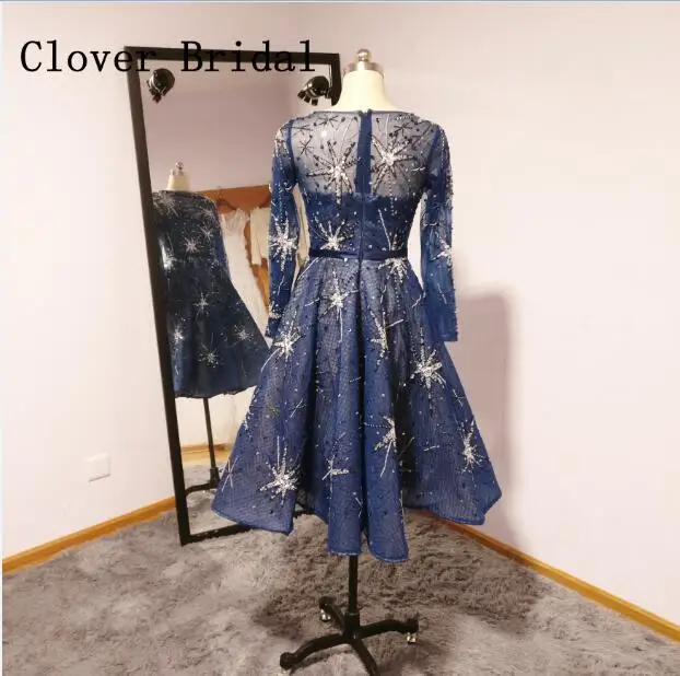 Navy Blue Evening Dresses Shining Crystal Beaded Pretty Tulle Lace Short Evening Dresses Robe De Soiree Formal Gown