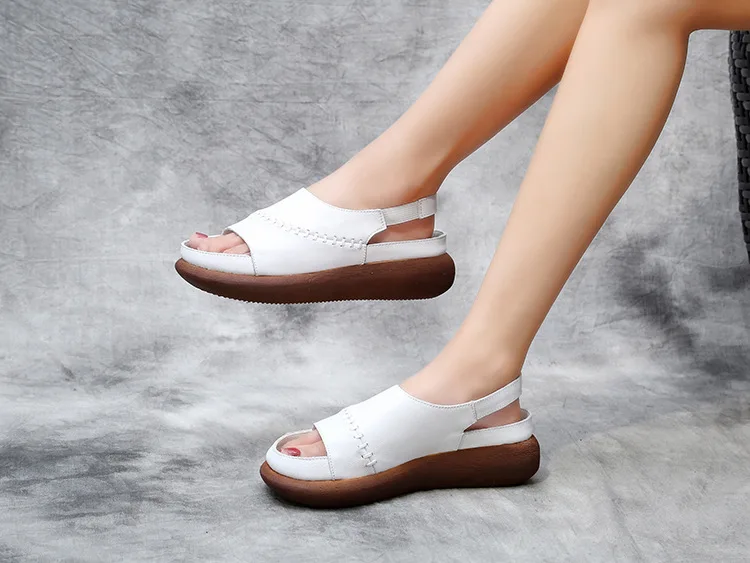 SWONCO/женские сандалии из натуральной кожи; женские сандалии в стиле ретро; zapatos; криперы; коллекция года; летние женские белые туфли на танкетке с открытым носком