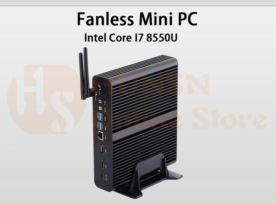Безвентиляторный мини-ПК, Intel quad core I7 8550U, Windows 10/Ubuntu, черный, [HUNSN BM14L],(WiFi/1DP/1HD/4USB3. 0/4USB2. 0 или(1USB2. 0)/1LAN